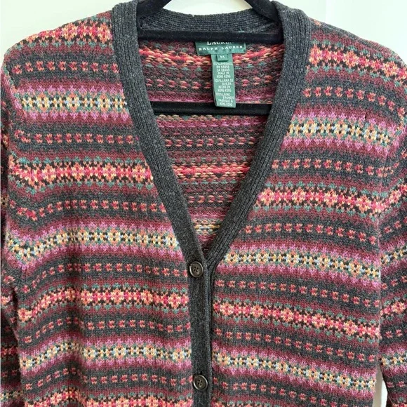 Lauren Ralph Lauren Wool Cardigan Sweater Car Coat Vintage Y2K Fair Isle Country